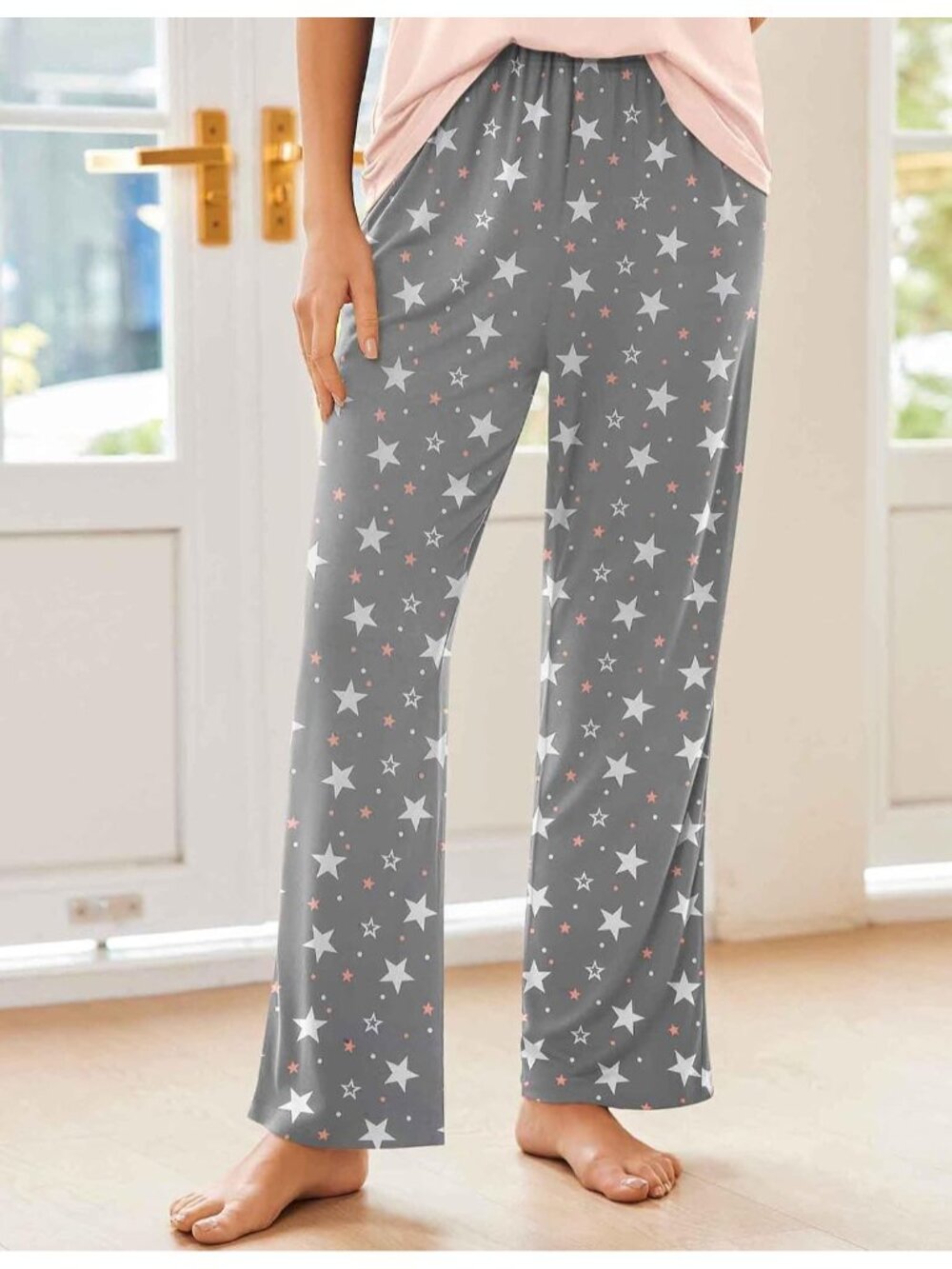 Women Pink-Grey Star V Neck Short Sleeve Shirt Sleepwear 2 Piece Pajama Sets - Picture 5 of 6